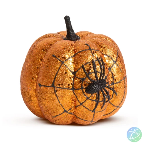 Halloween-i tök dekoráció, narancs glitteres, pókhálóval, 15 cm