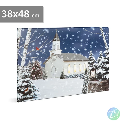 LED-es fali hangulatkép, téli táj,  2 x AA, 48 x 38 cm