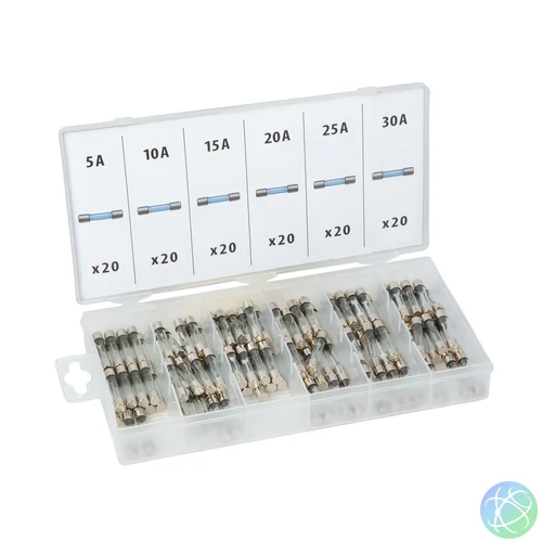 Üveg biztosíték készlet tárolódobozban, 120 db, 5-30A