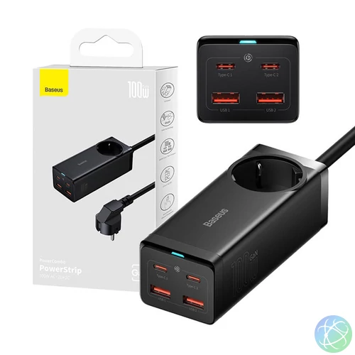 Baseus GaN3 Pro Töltő / elosztó, 2xUSB + 2xUSB-C + AC, 100W (fekete)