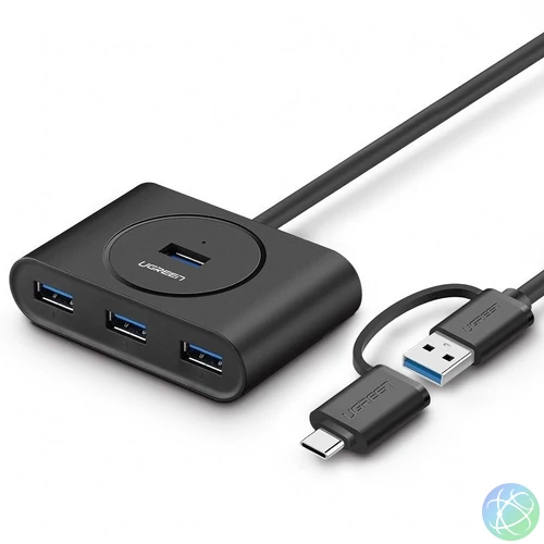 UGREEN USB 3.0 + USB-C 3.1 4 portos hub, OTG (fekete)