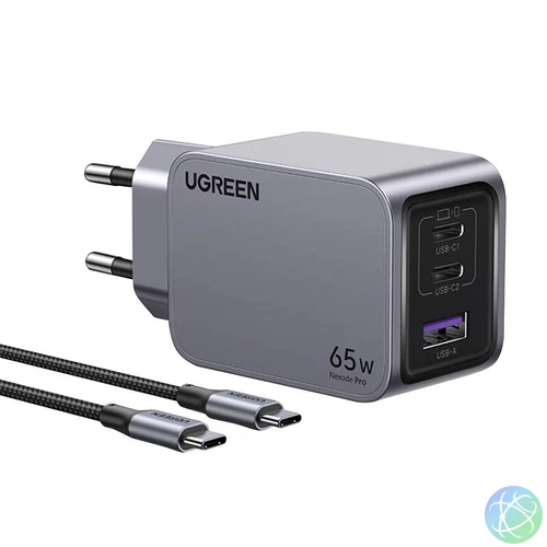 UGREEN Nexode Pro fali töltő, USB + 2x USB-C, 65W + USB-C kábel, 1.5m (fekete)
