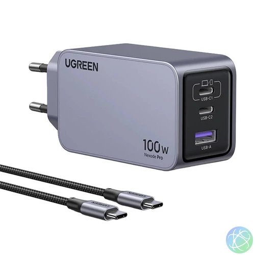 UGREEN Nexode Pro fali töltő, 100W, GaN, USB + 2x USB-C (szürke)