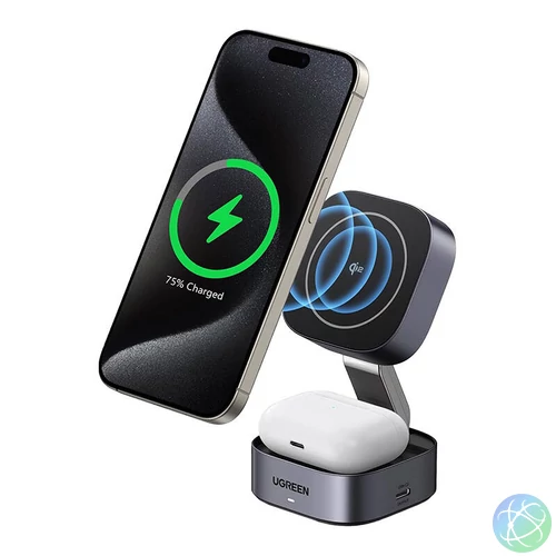 UGREEN W702 Qi 2 az 1-ben vezeték nélküli Iphone/AirPods töltő, 15W (szürke)