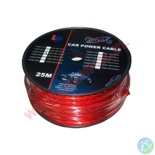 Autó Hi-Fi tápkábel, teljesen réz, 8 mm2, áttetsző piros