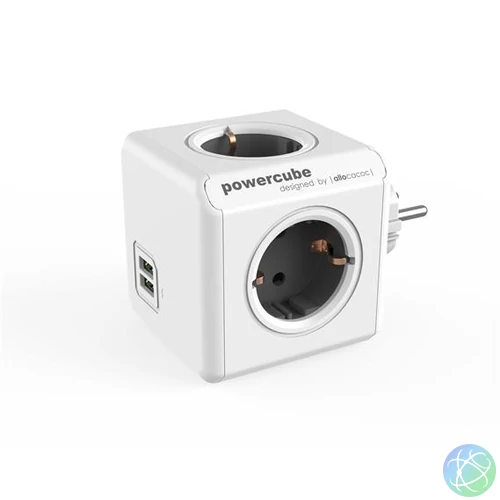 Elosztó, 4 aljzat, 2 USB csatlakozó, ALLOCACOC "PowerCube Original USB DE", fehér-szürke