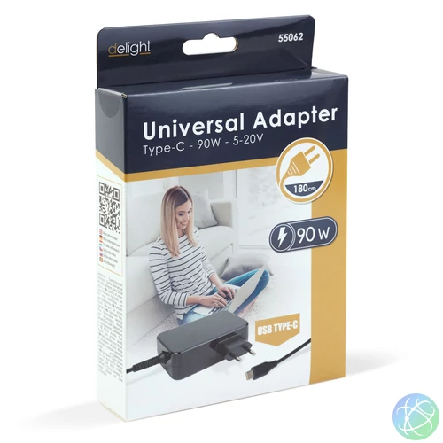 Univerzális hálózati notebook töltő, Type-C, 5-20V, 90W