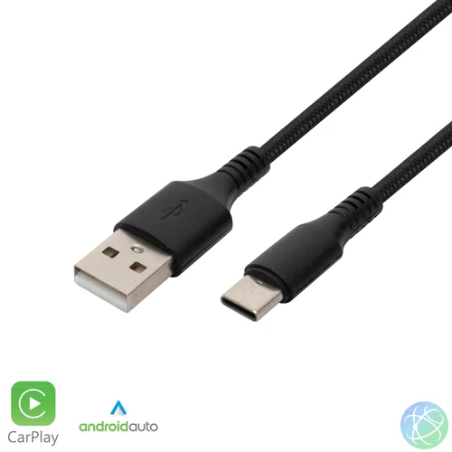 USBAC1 töltőkábel, USB-A / USB-C, 2.1A, 1m, szövött, fekete