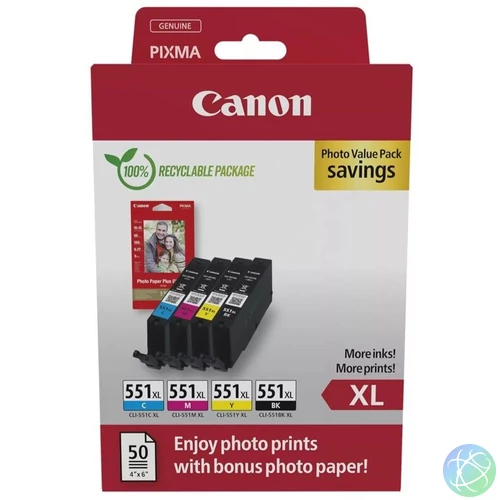 CLI-551XL Bk-C-M-Y (6443B006) tintapatron + fotópapír multipack, eredeti csomag
