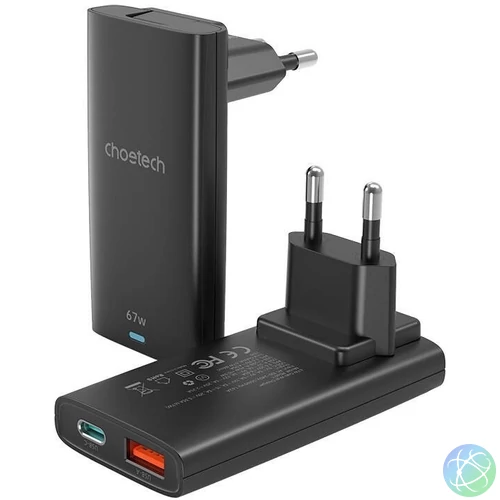 PD6011 67W Dual-Port Portable GaN Adapter Black töltő, HU adapterrel-Bontott