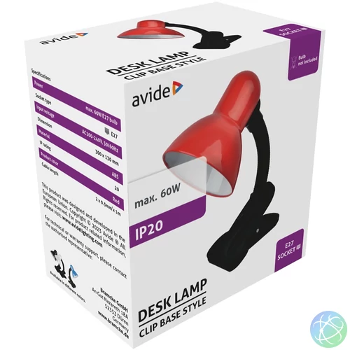 Asztali lámpa, Basic csiptethető, max. 60W, AVIDE, piros