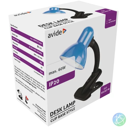 Asztali lámpa, Basic csiptethető, max. 60W, AVIDE, kék