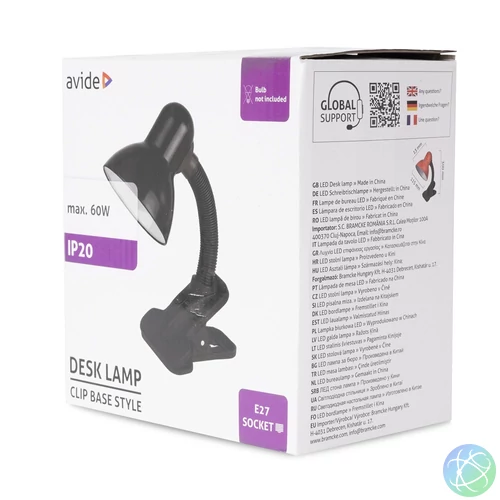 Asztali lámpa, Basic csiptethető, max. 60W, AVIDE, fekete