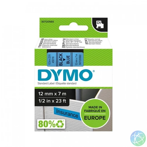 Feliratozógép szalag kompatibilis Dymo D1 S0720560/45016 12mmx7m fekete/kék ECO
