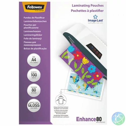 Lamináló fólia, A4, 80 mikron, fényes, 100 db/doboz, Fellowes®