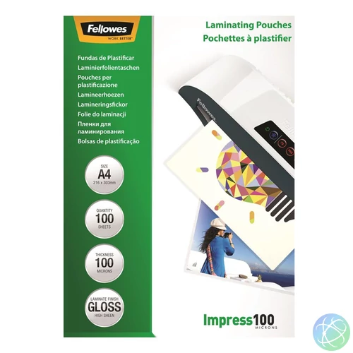 Lamináló fólia, A4, 100 mikron, fényes, 100 db/doboz, Fellowes®