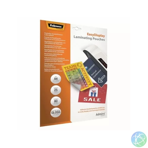 Lamináló fólia, A4, 80 mikron, fényes, öntapadó hátlappal, 25 db/csomag, Fellowes®
