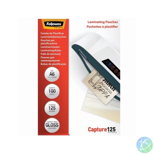 Lamináló fólia, A6, 125 mikron, fényes, 100 db/doboz, Fellowes®