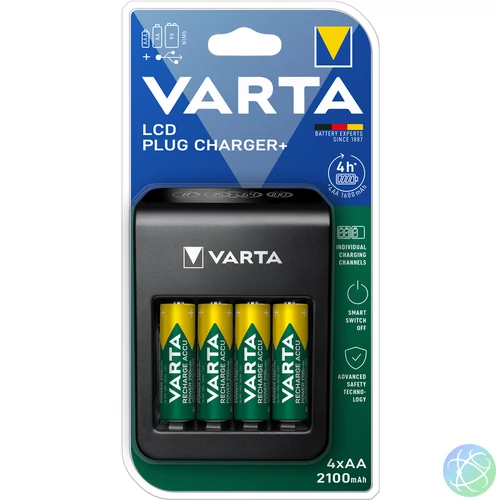 Elemtöltő, akku LCD Plug töltő + 4 db AA 2100 mAH Varta