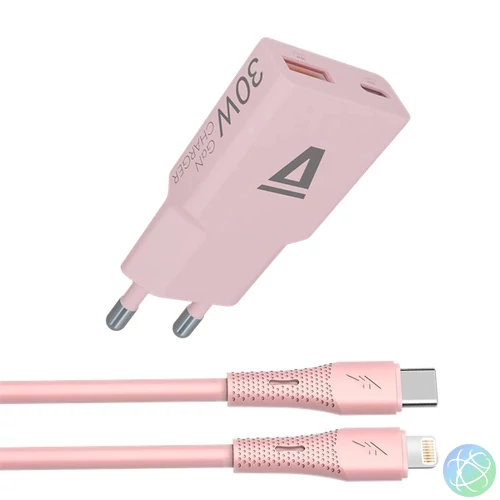 AVAX CH6418 30W GaN töltő és USB-C–Lightning szilikon kábel, rózsaszín