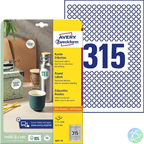 Avery 6221-10 10mm 10 ív univerzális fehér köretikett