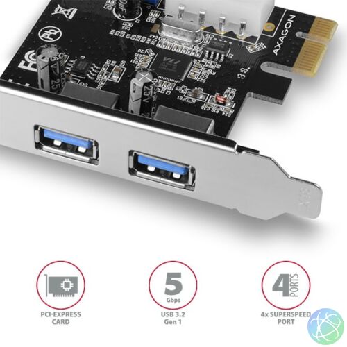 Axagon PCEU-232VL 2 db belső USB3.2 portos 2 db külső USB3.2 portos 1 sávos PCI-Express kártya