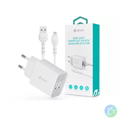 Devia ST361395 5V/2.4A Smart 2xUSB Hálózati töltő adapter + 1 m Lightning kábel