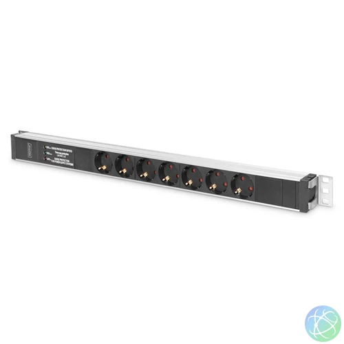 DIGITUS 1U PDU 230V 16A 7xCEE 7/3 aljzat CEE7/7 csatlakozó túlfeszültség védelemmel és vonalszűrővel 2m elosztósor