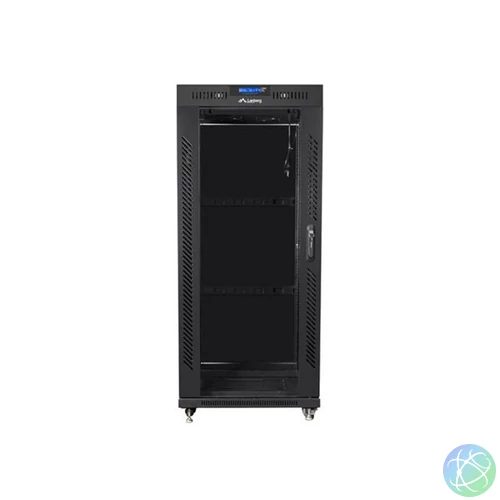 Lanberg FF01-6627-12BL 19" 27U SZÉL:600mm MÉLY:600mm MAG:1431mm lapraszerelt LCD üvegajtós fekete rack szekrény