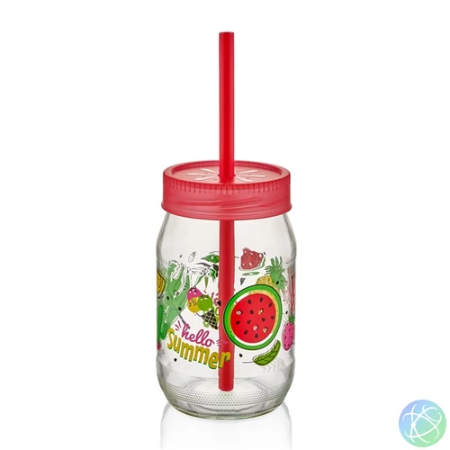 IRIS C-00162 Spring üvegpohár szívószállal 380ml, piros, zöld vagy sárga színű