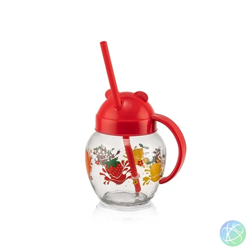 IRIS C-00373 Cute üvegbögre szívószállal 370ml, piros, zöld vagy sárga színű