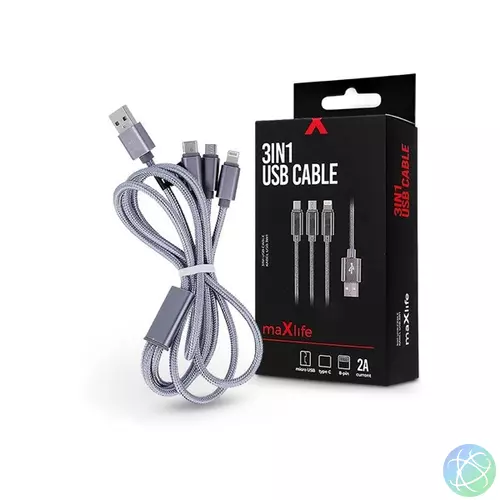 Maxlife TF-0168 1m 3in1 Lightning/microUSB/Type C 2A ezüst adat- és töltőkábel