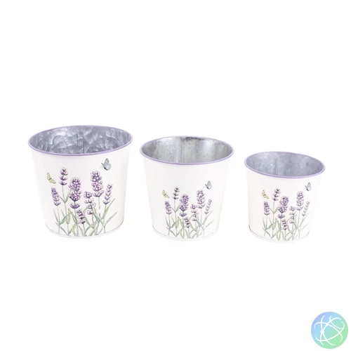 IRIS bádog kaspó, 3 darabos szett, levendula mintás, fehér 15-11,5 cm