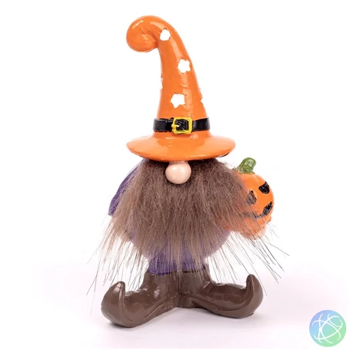 IRIS polirezin orrszakáll, álló, halloween tökkel, narancssárga sapkában, lila ruha 13,1cm
