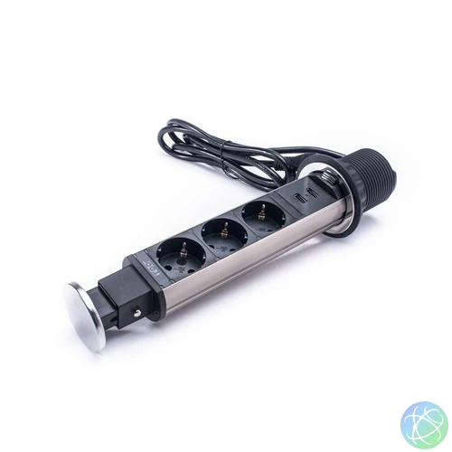 TOO PPS-305-3C IP20, 3x 2P+F, 2x USB-A, króm asztalba süllyeszthető elosztó