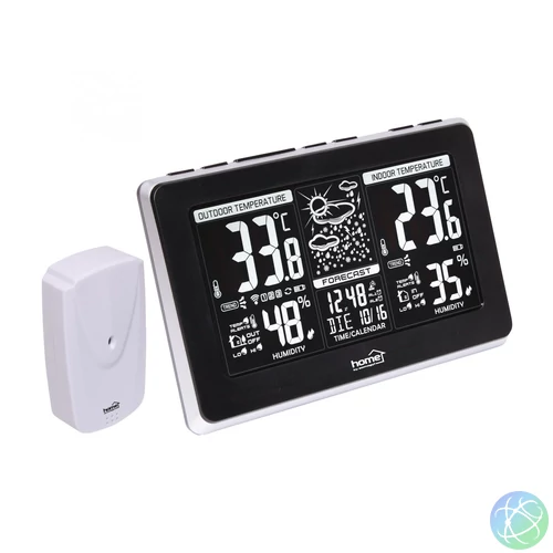 Home HCW 25 időjárás-állomás külső jeladóval, negatív, fehér LCD kijelző, beltéri hőmérséklet és páratartalom, digitális óra, naptár