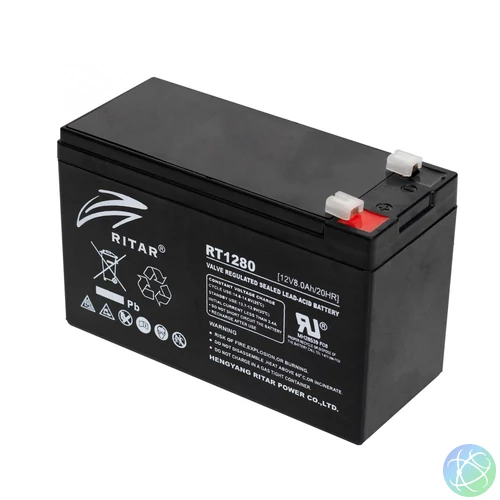 Ritar RT 1280 ólomakkumulátor, 12V/8 Ah, 5 éves élettartam, zárt konstrukció