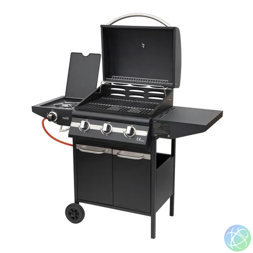 Home GRG01 gázgrill, 3 főégővel, 1 oldalégővel, 3,2 kW teljesítmény égőnként, nyomásszabályozó készlettel
