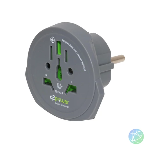 Q2POWER 1.100100-TH utazóadapter, World to Europe, bemeneti feszültség: 100-250 V, 16 A, teljesítmény: 100V-1600W/250V-4000W