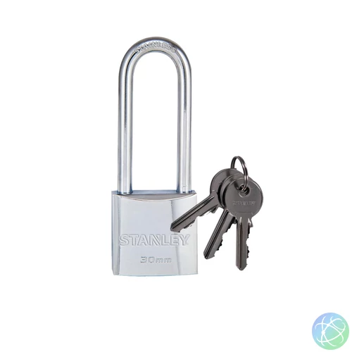 STANLEY S742-015 krómozott, tömör sárgaréz lakat, 30 mm, 3 kulcsos, hosszú kengyellel