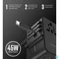 Kép 7/8 - Choetech  PD5021 45W EU/US/AUS/UK Travel Adapter with Built-in USB-C Cable Black töltő