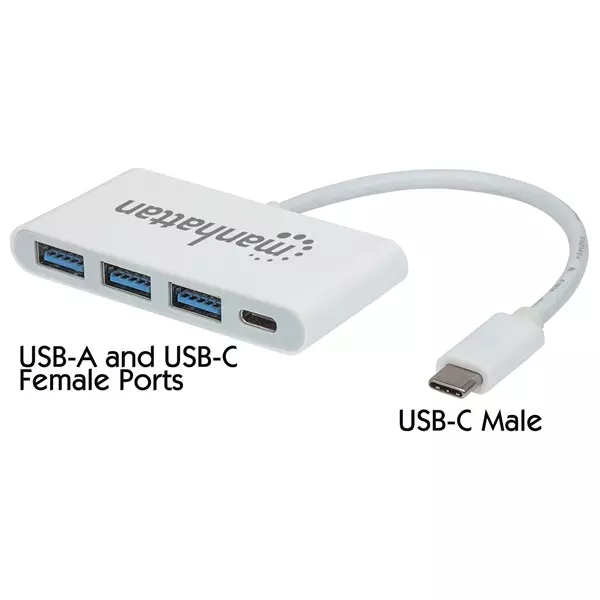 Manhattan USB HUB - Type-C-ről  3db USB 3.0-ra+1db USB Type-C, Power Delivery, Fehér
