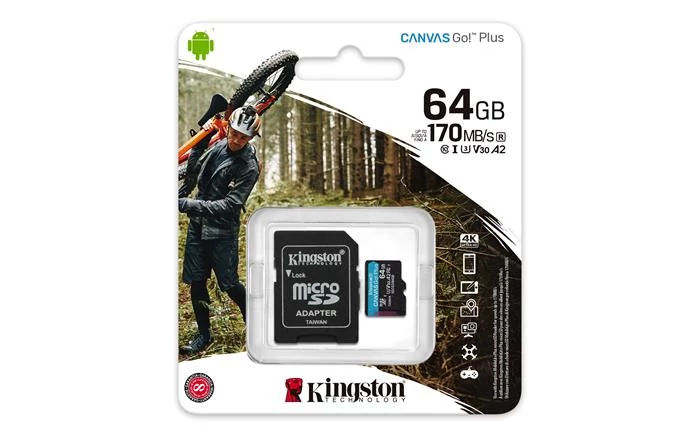 Memóriakártya, microSDXC, 64GB, C10/UHS-I/U3/V30/A2, adapter, KINGSTON 