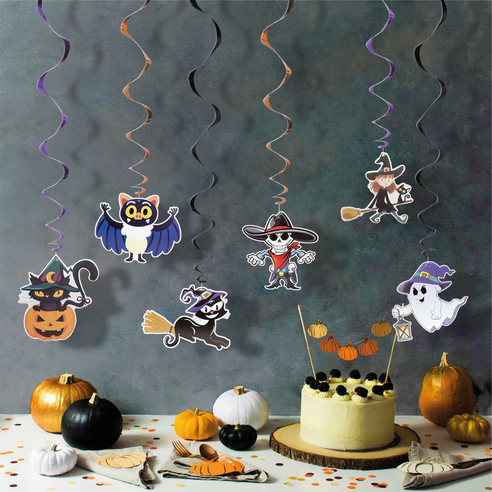 Halloween-i dekoráció szett, 6 féle motívum, csillogó spriál akasztóval