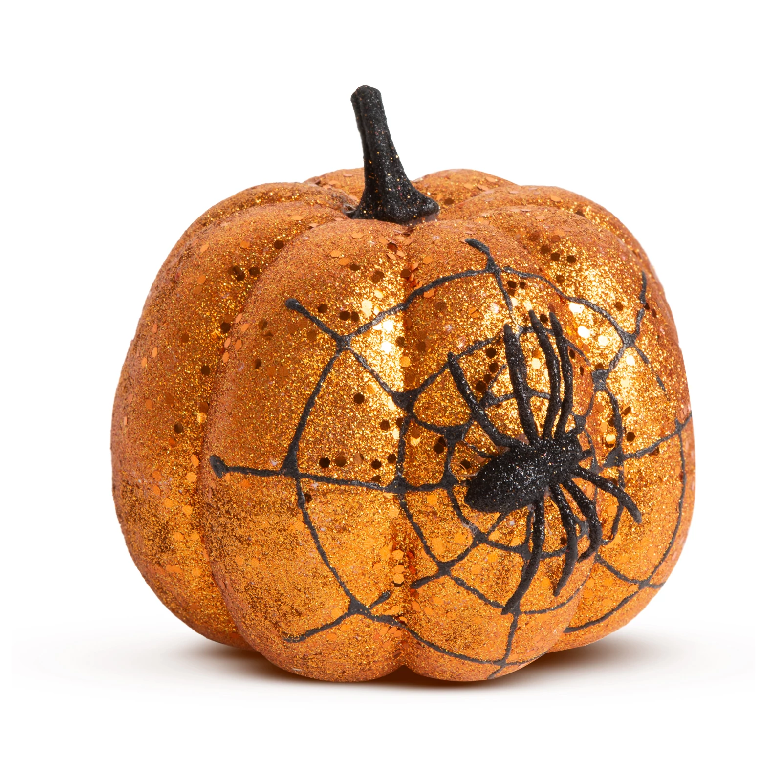 Halloween-i tök dekoráció, narancs glitteres, pókhálóval, 15 cm